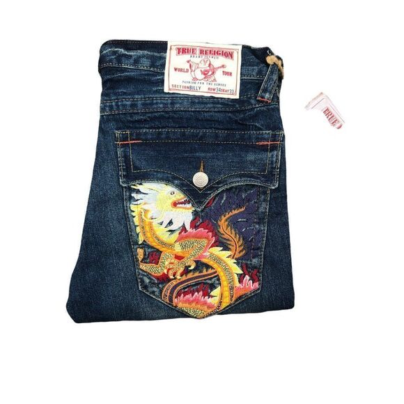 BRAND New Vintage True Religion Embroidered Jeans Size 34 BILLY Blue - Picture 1 of 12